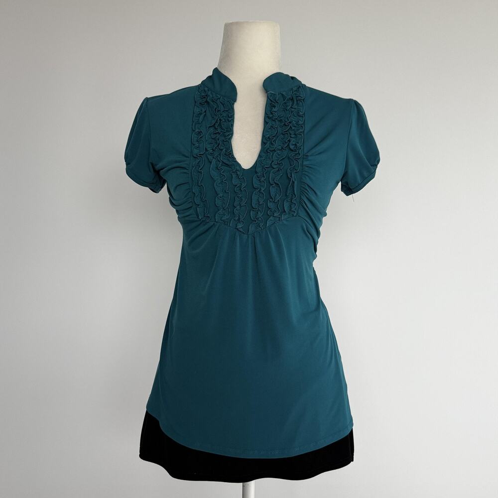 HeartSoul Tunic Blouse Womens M Blue Ruffle V Neck Puff Sleeve Stretch Top